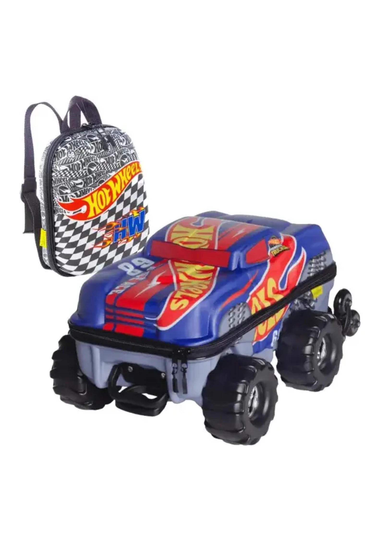 Kit Mochila Hotwheels Race Monster Truck Lancheira Rodinhas 3d Maxtoy