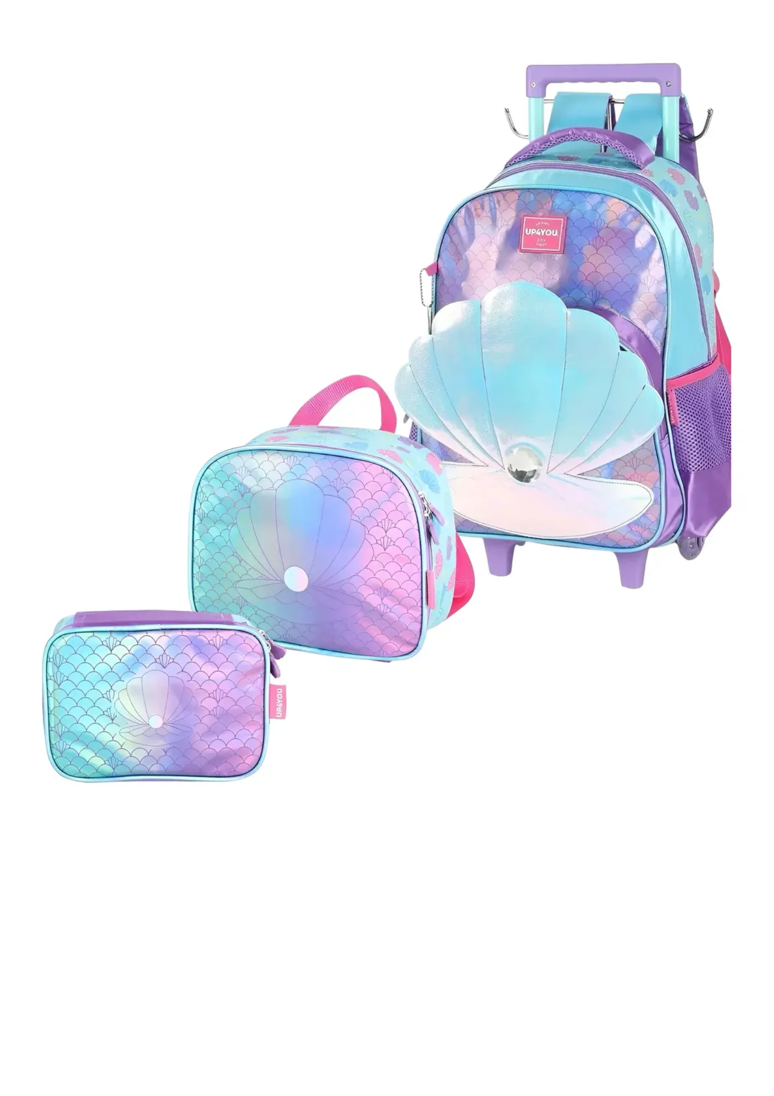 Kit Mochila Escolar Meninas Sweet Concha Sereia Rodinhas