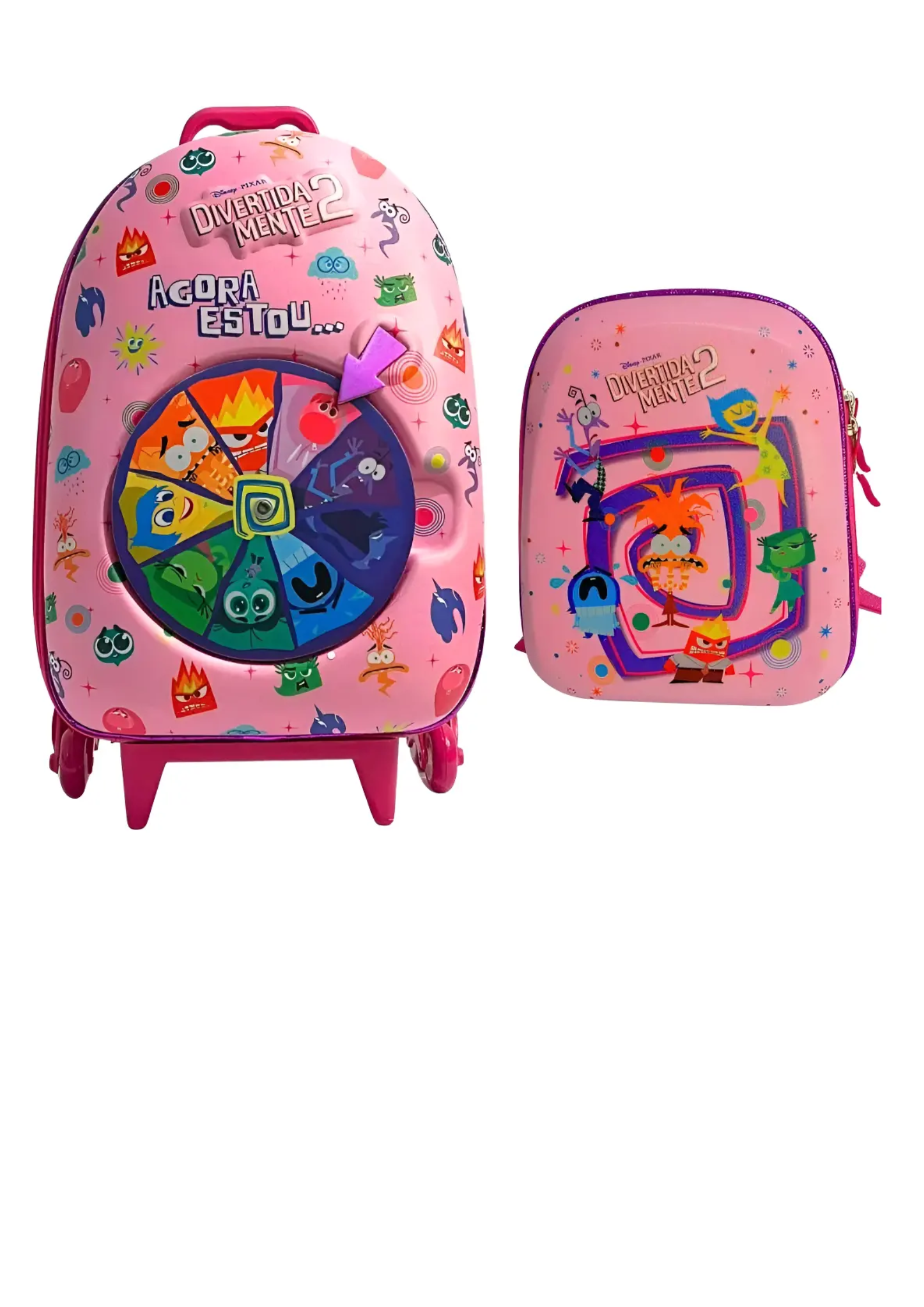 Kit Mochila Divertidamente Sala de Controle Escolar Lancheira Rodinha 3d