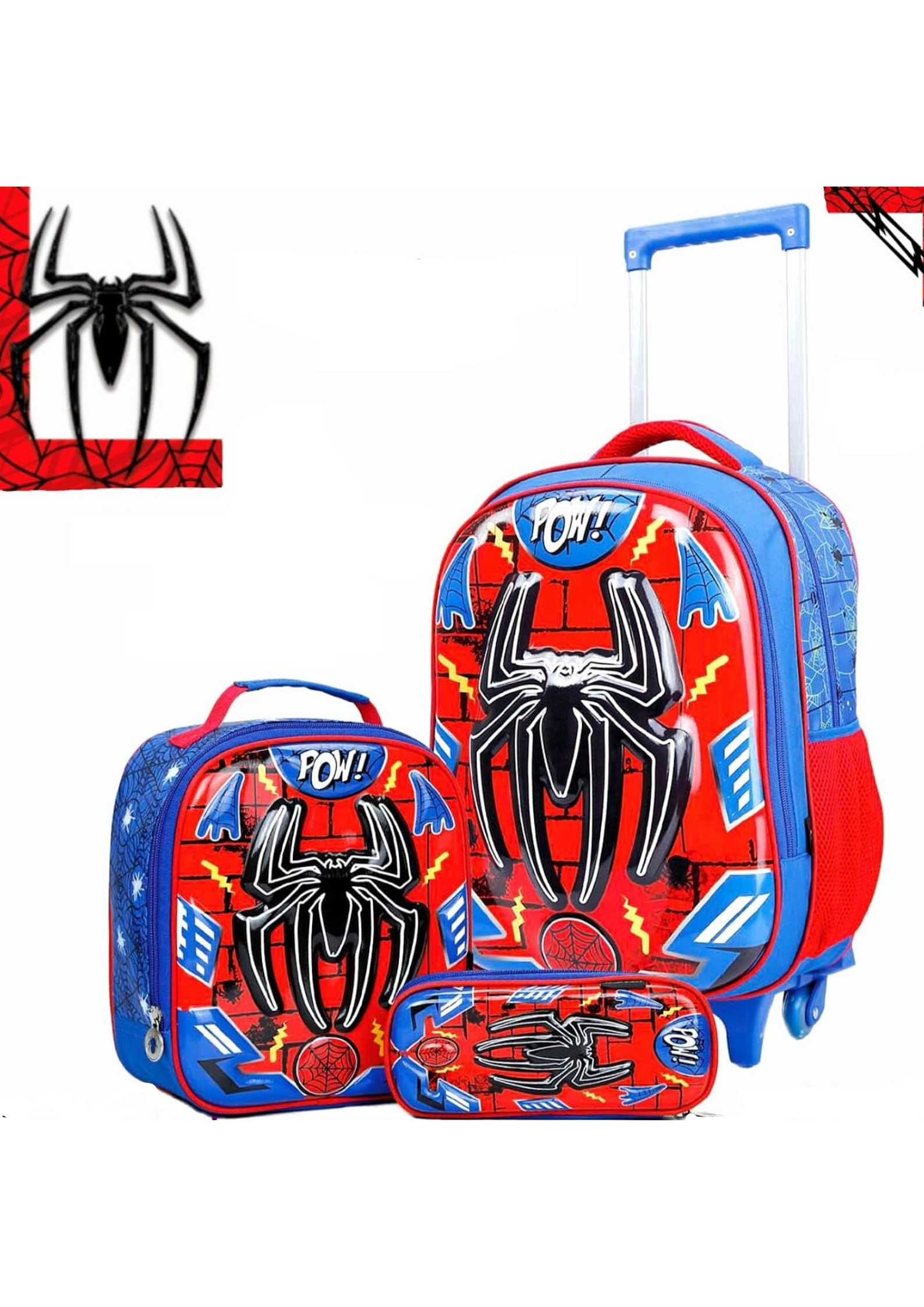 Kit Mochila Escolar Infantil 3D Homem-Aranha com Rodinhas, 3 Peças, Azul e Vermelho