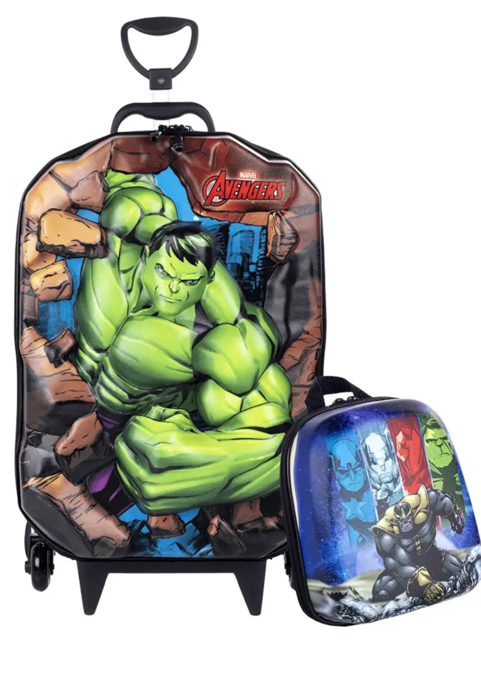 Mochila Rodinhas 3d Hulk Avengers Lancheira Maxtoy Cor Verde Desenho Do Tecido Green