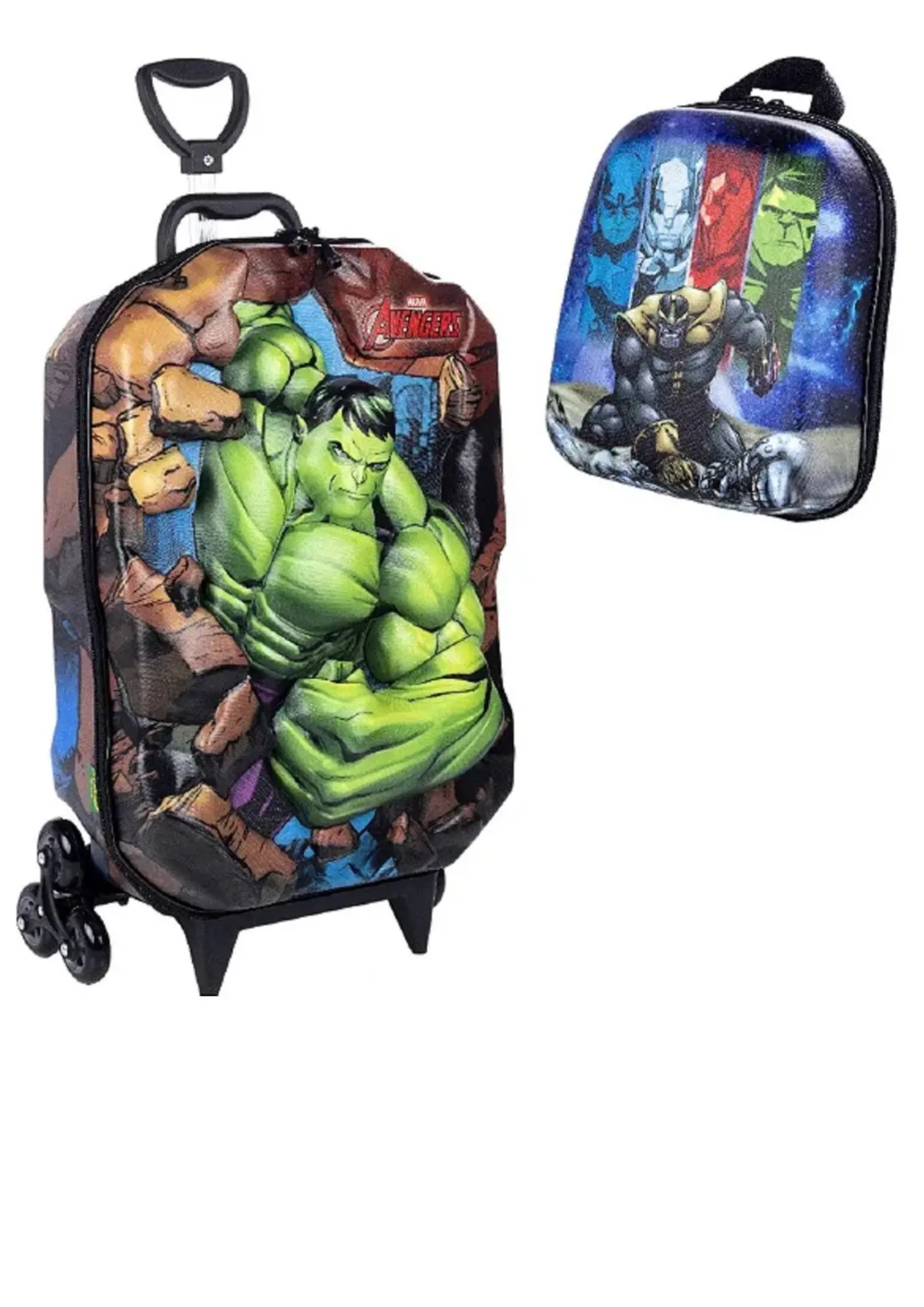 Mochila Rodinhas 3d Hulk Avengers Lancheira Maxtoy Cor Verde Desenho Do Tecido Green