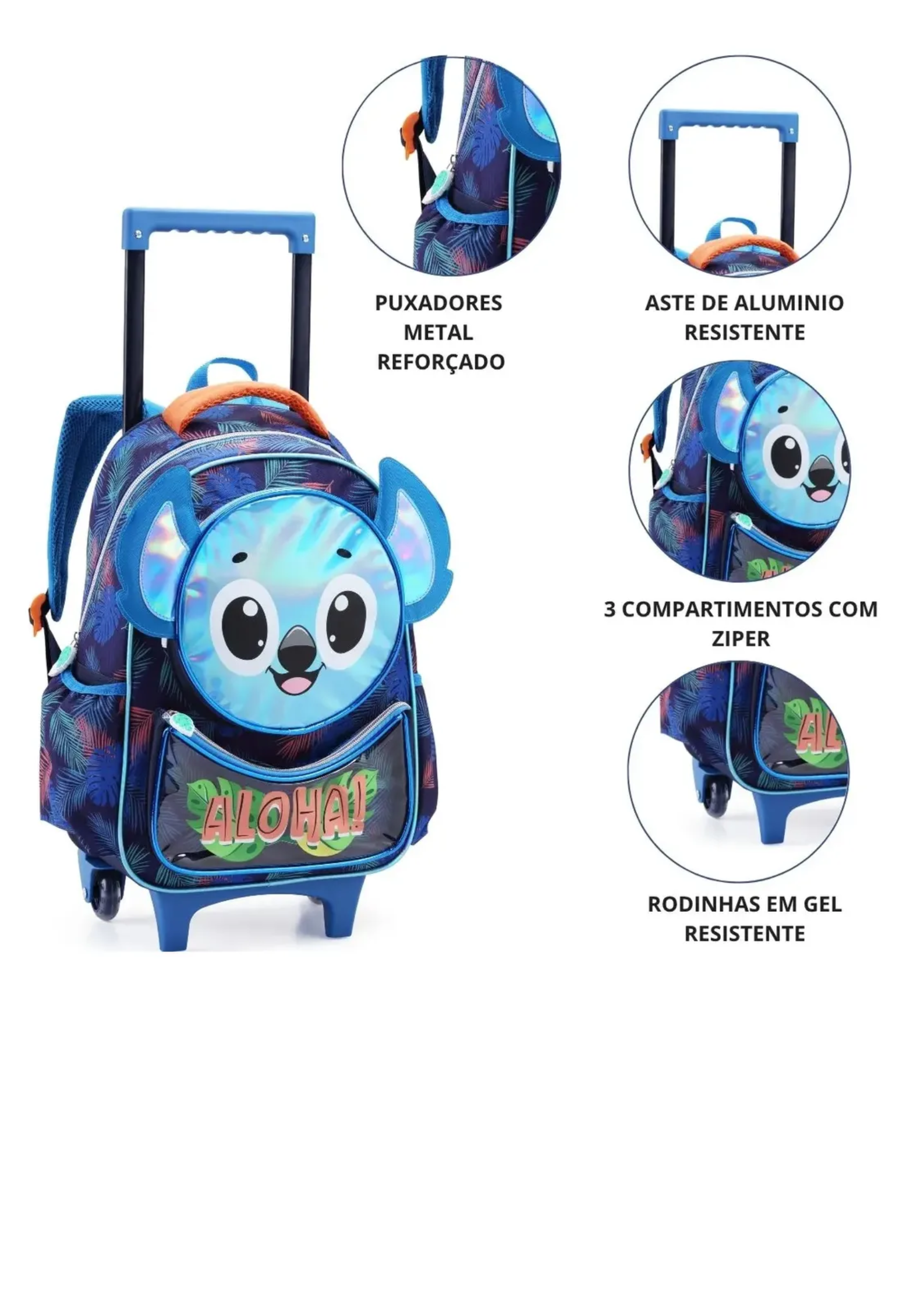 Kit Mochila D Rodinha Escolar Infantil Coala 3d Aloha Menino